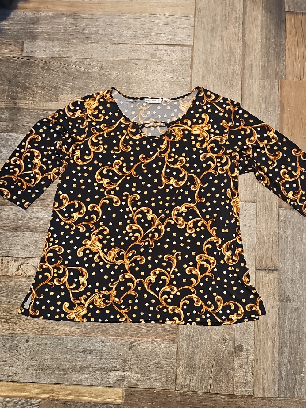 Susan Graver Black Top with Gold Scroll Motif